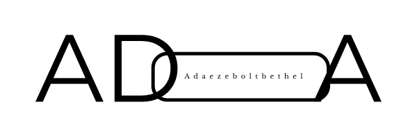 The Adaezeboltbethel logo utilizes a high-contrast black and white palette, combining bold 'ADA' lettering with a delicate pill-shaped enclosure for the full brand name.