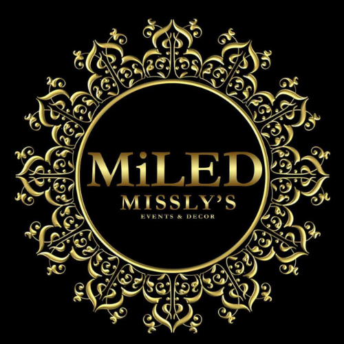 A circular gold and black logo for "MiLED Missly’s Events & Decor" featuring a prominent, ornate gold mandala-style border with intricate filigree patterns set against a solid black background.